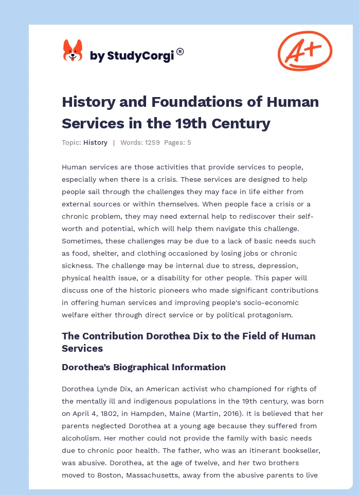 History and Foundations of Human Services in the 19th Century. Page 1