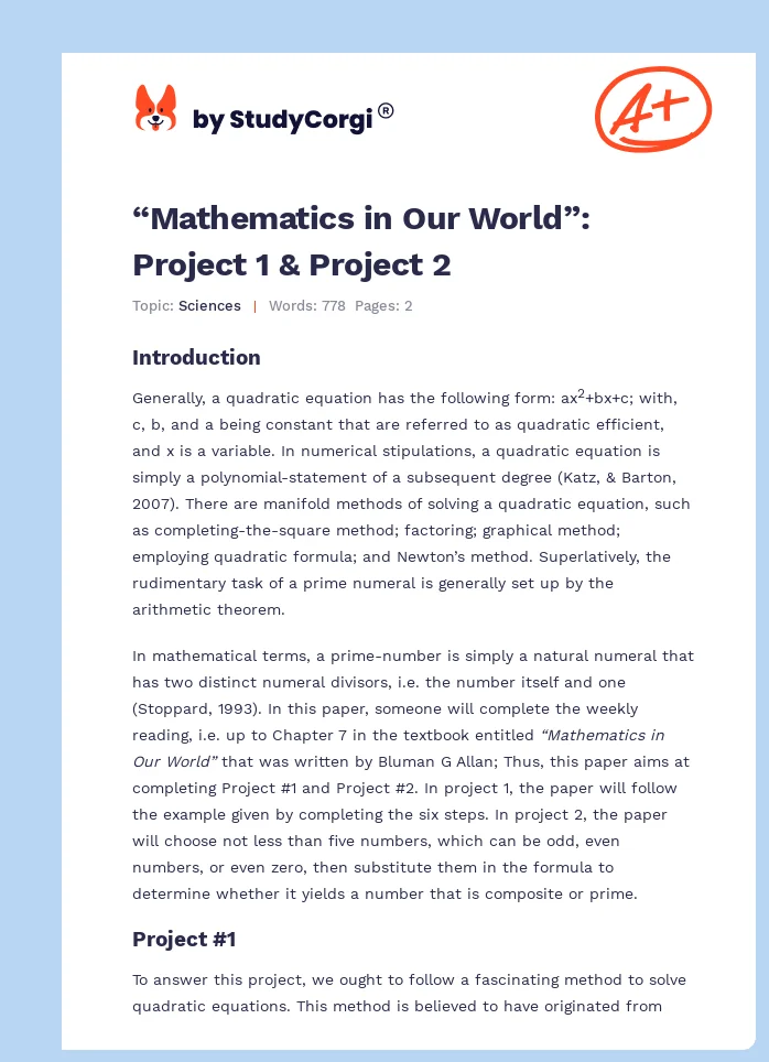 “Mathematics in Our World”: Project 1 & Project 2. Page 1