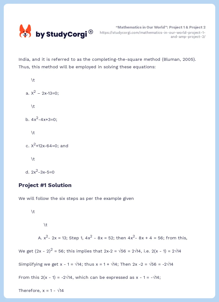 “Mathematics in Our World”: Project 1 & Project 2. Page 2