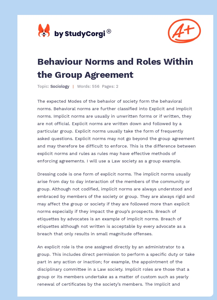 Behaviour Norms and Roles Within the Group Agreement. Page 1
