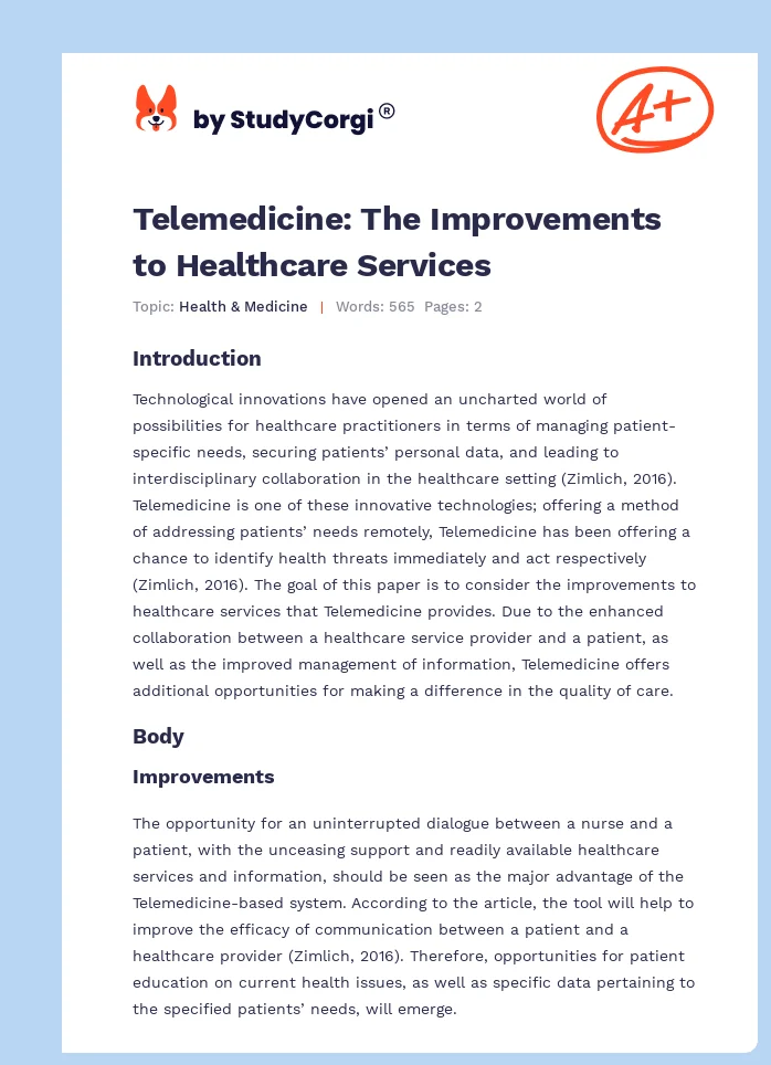 Telemedicine: The Improvements to Healthcare Services. Page 1