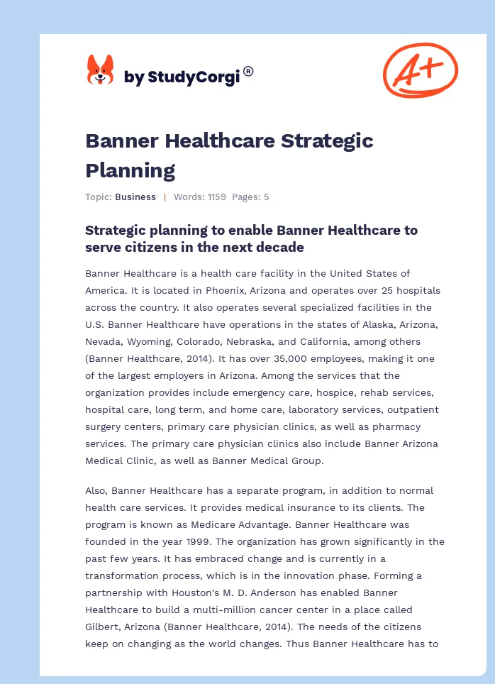 Banner Healthcare Strategic Planning. Page 1
