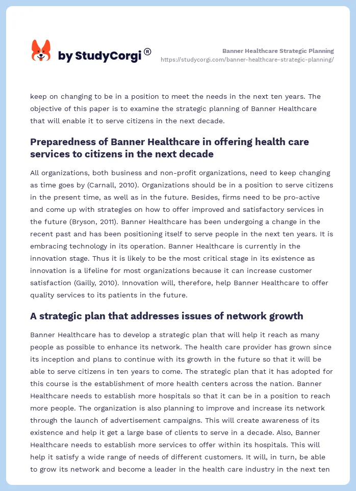 Banner Healthcare Strategic Planning. Page 2