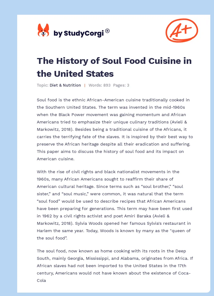 The History of Soul Food Cuisine in the United States. Page 1