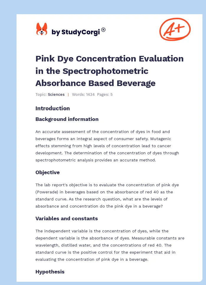 Pink Dye Concentration Evaluation in the Spectrophotometric Absorbance Based Beverage. Page 1