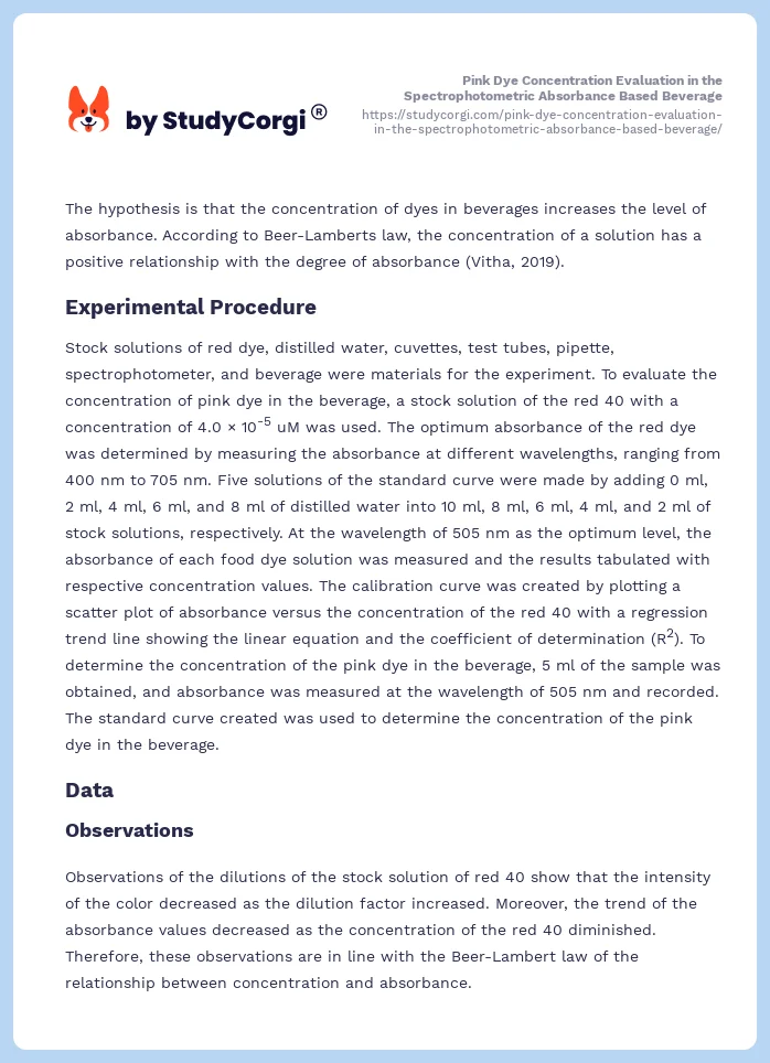 Pink Dye Concentration Evaluation in the Spectrophotometric Absorbance Based Beverage. Page 2