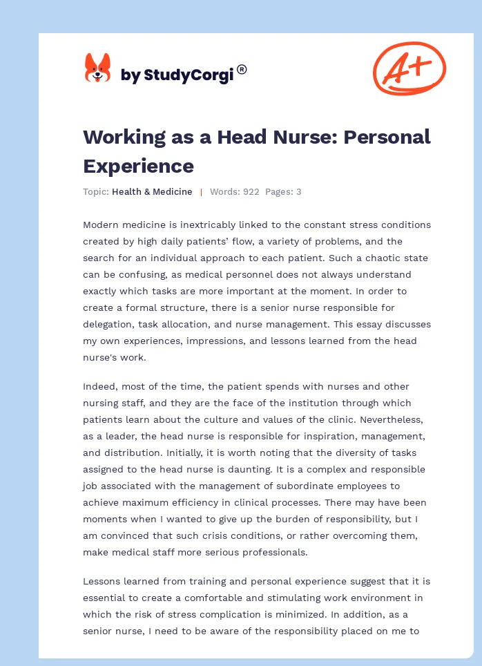 Working as a Head Nurse: Personal Experience. Page 1