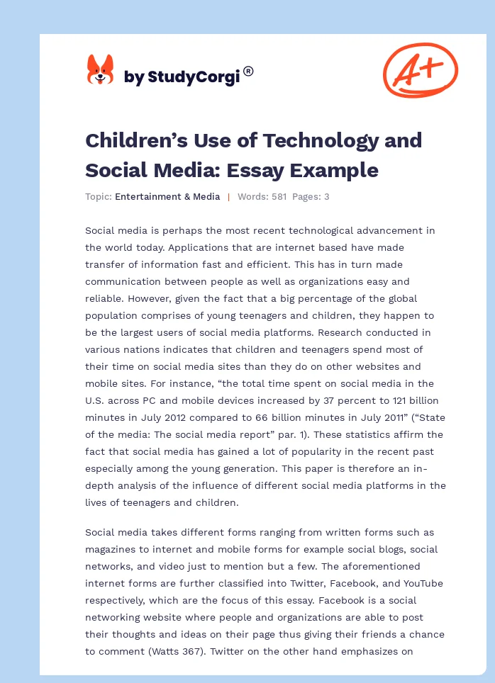 Children’s Use of Technology and Social Media: Essay Example. Page 1