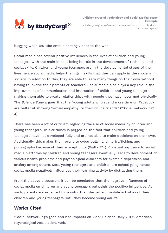 Children’s Use of Technology and Social Media: Essay Example. Page 2