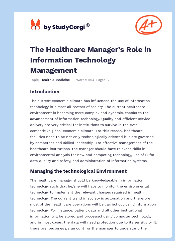 The Healthcare Manager’s Role in Information Technology Management. Page 1