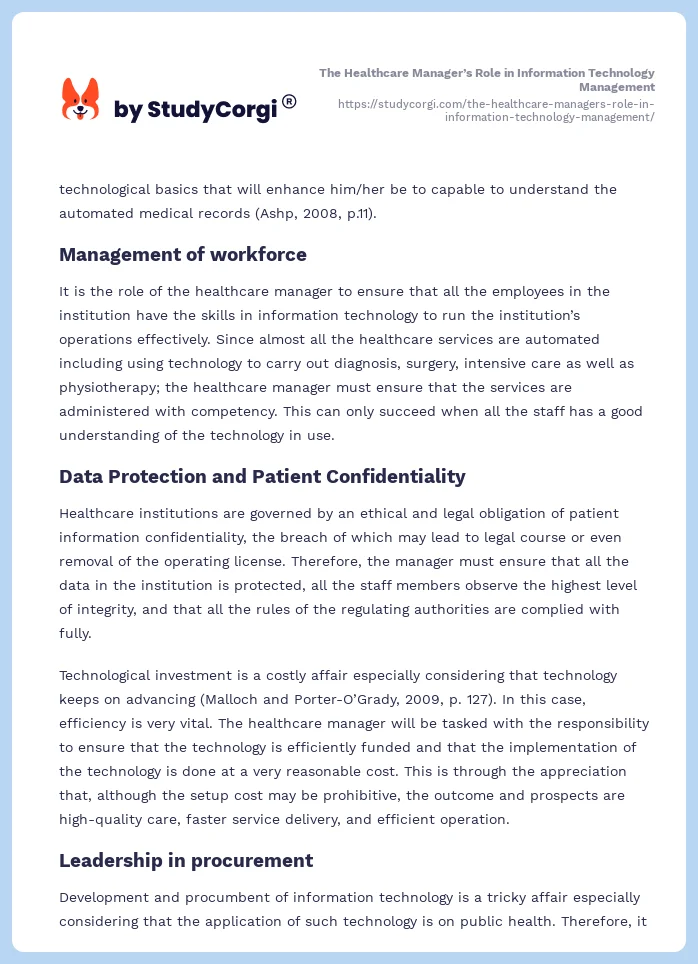 The Healthcare Manager’s Role in Information Technology Management. Page 2