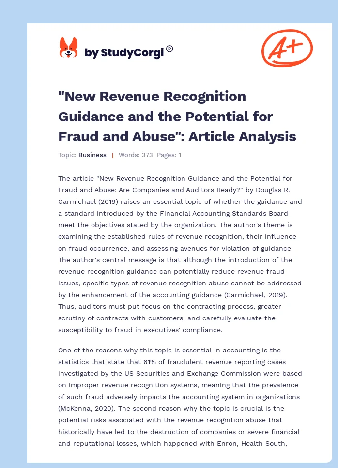 "New Revenue Recognition Guidance and the Potential for Fraud and Abuse": Article Analysis. Page 1