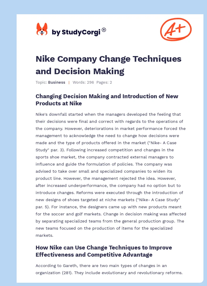 Nike Company Change Techniques and Decision Making. Page 1
