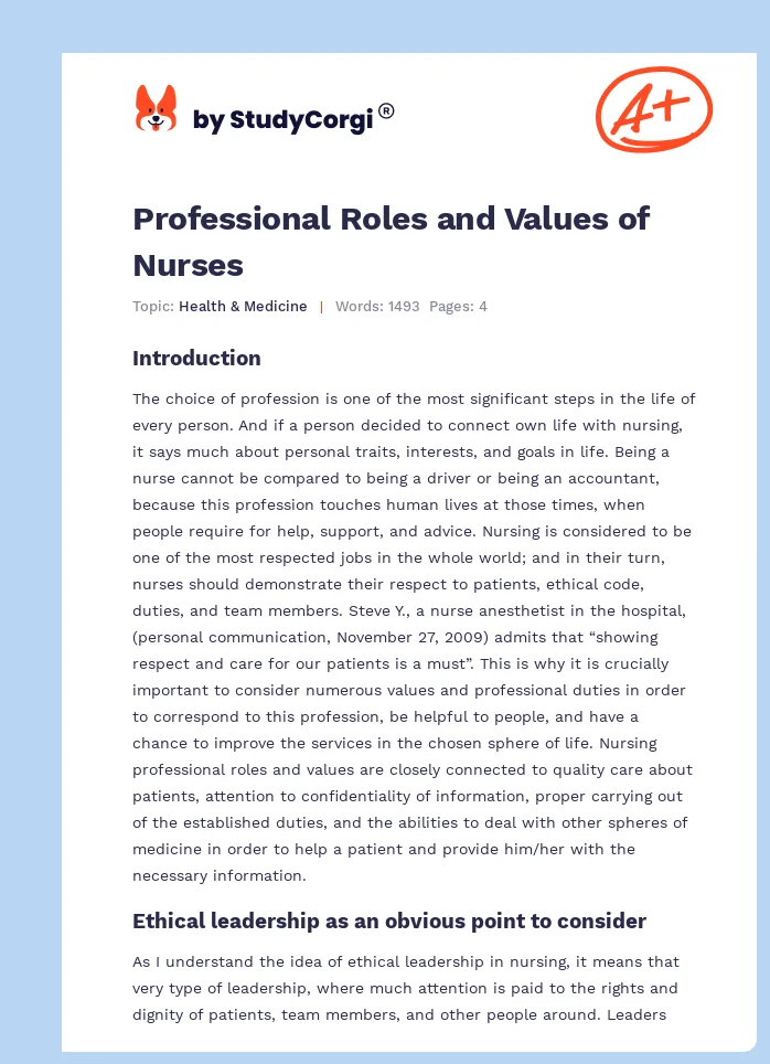 Professional Roles and Values of Nurses. Page 1