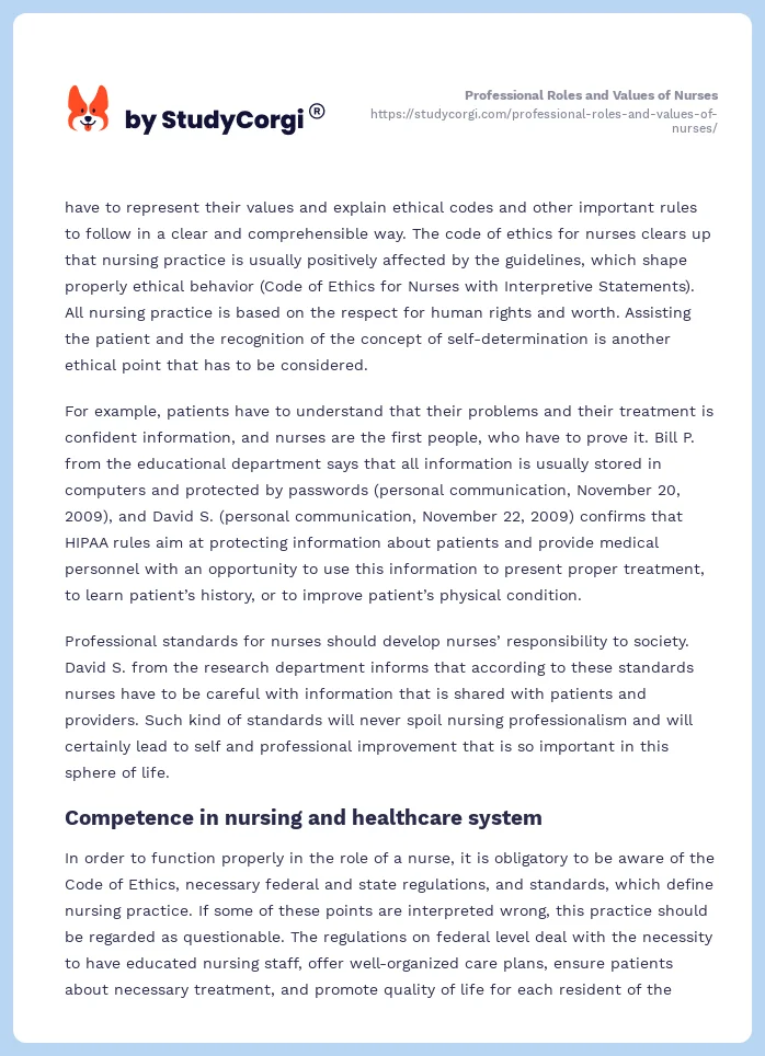 Professional Roles and Values of Nurses. Page 2