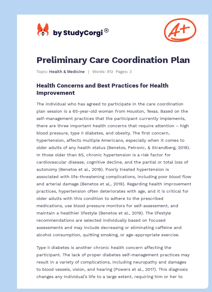 Preliminary Care Coordination Plan. Page 1