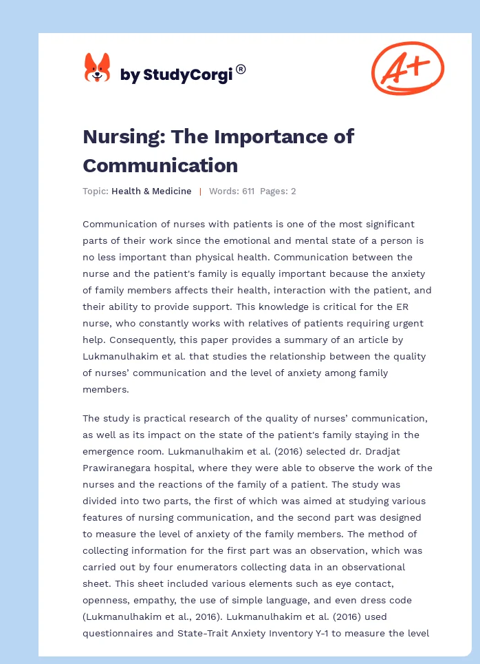 Nursing: The Importance of Communication. Page 1