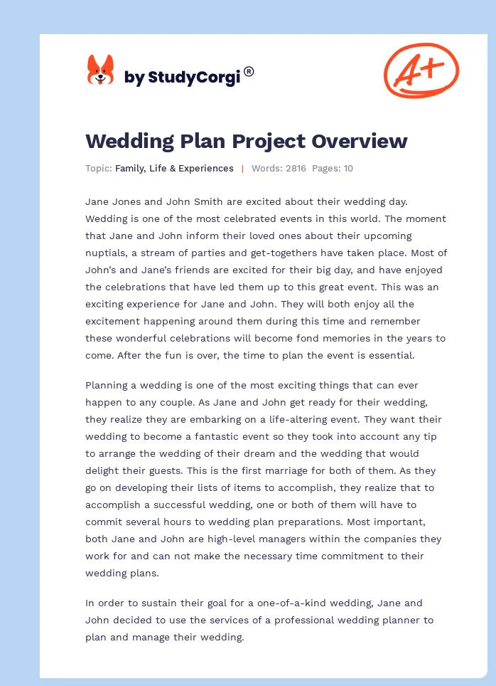Wedding Plan Project Overview. Page 1