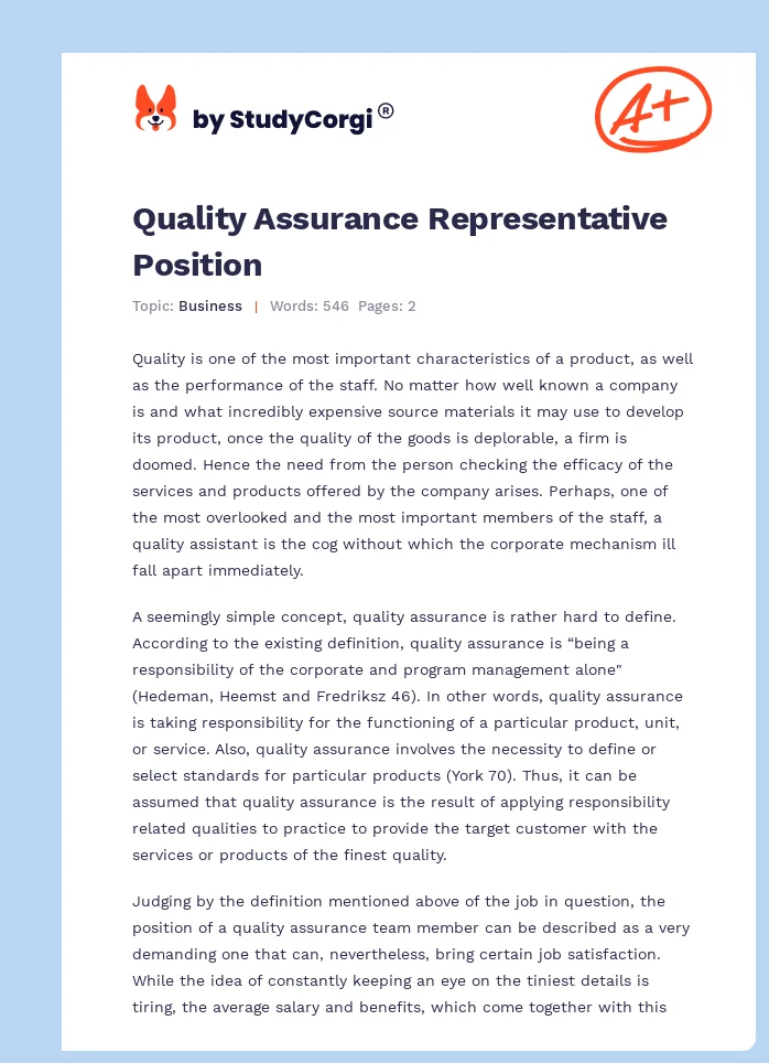 Quality Assurance Representative Position. Page 1