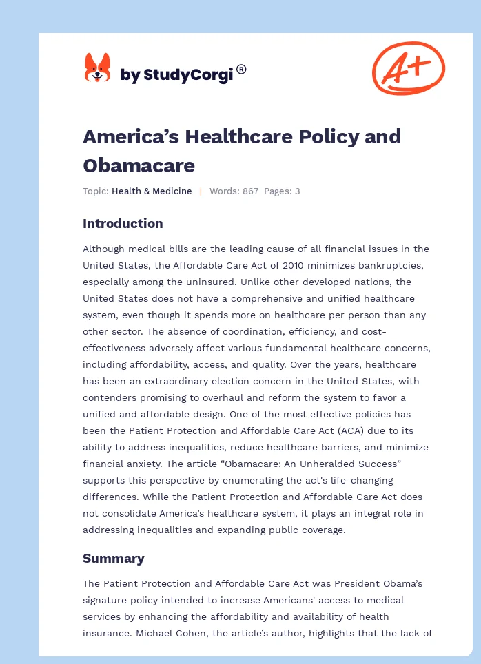 America’s Healthcare Policy and Obamacare. Page 1