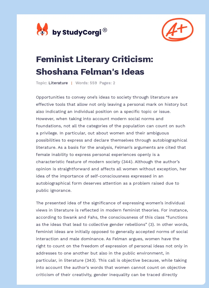 Feminist Literary Criticism: Shoshana Felman's Ideas. Page 1