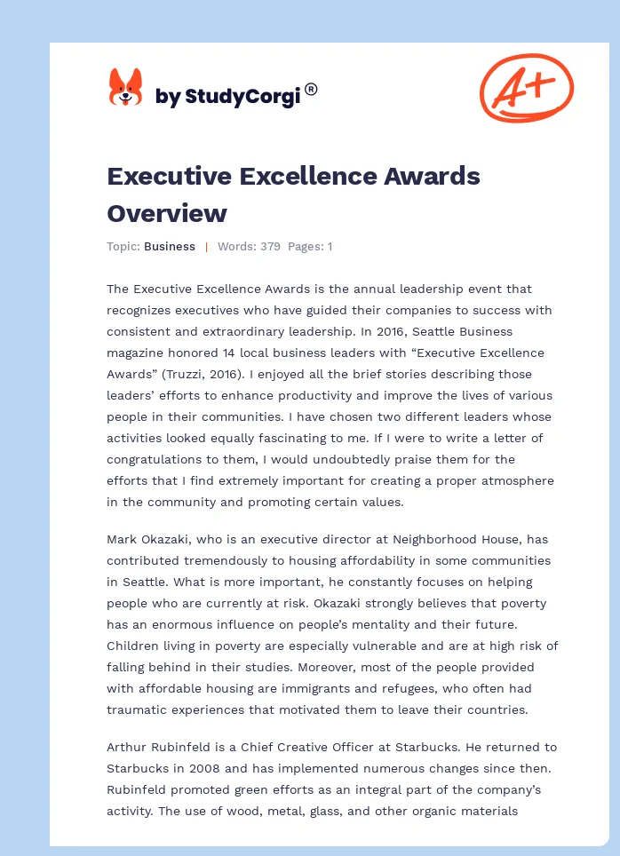 Executive Excellence Awards Overview. Page 1