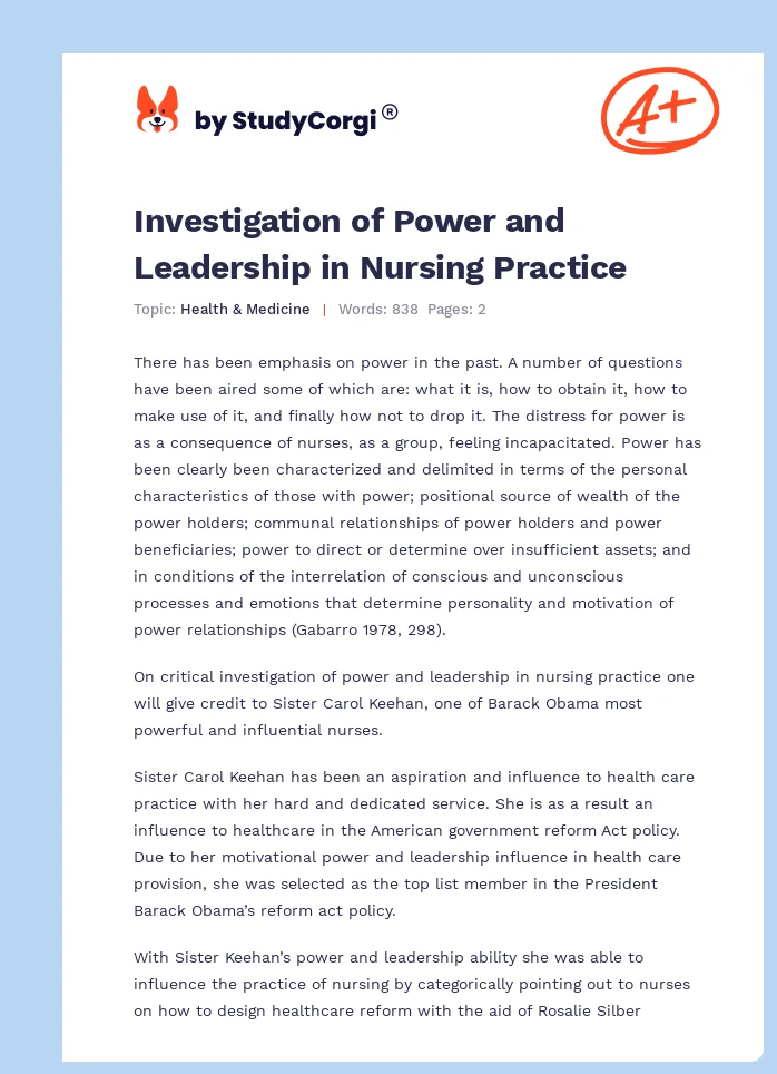 Investigation of Power and Leadership in Nursing Practice. Page 1