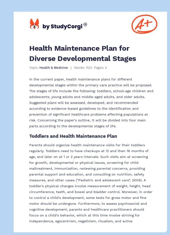 Health Maintenance Plan for Diverse Developmental Stages. Page 1
