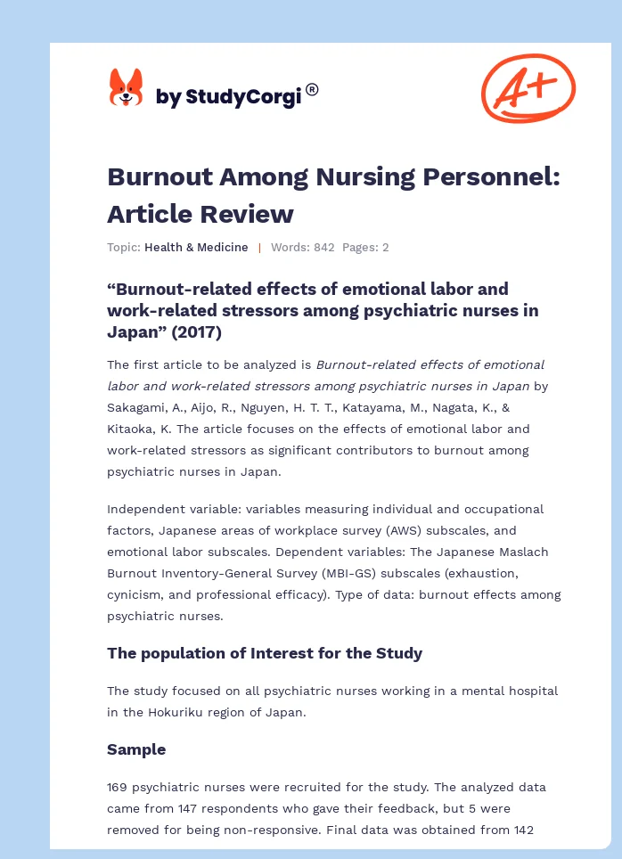 Burnout Among Nursing Personnel: Article Review. Page 1