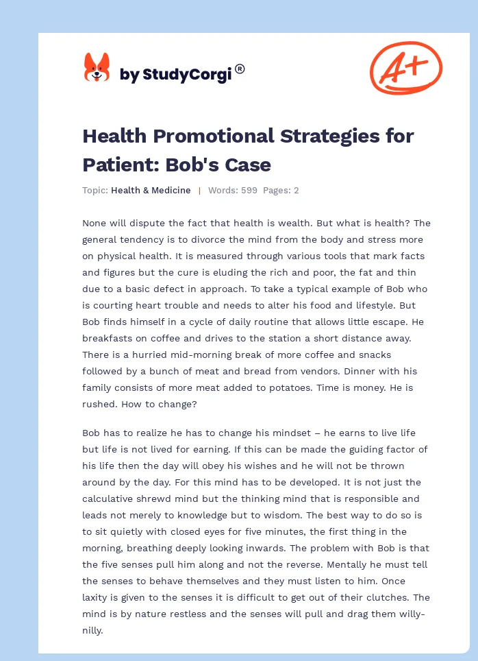 Health Promotional Strategies for Patient: Bob's Case. Page 1