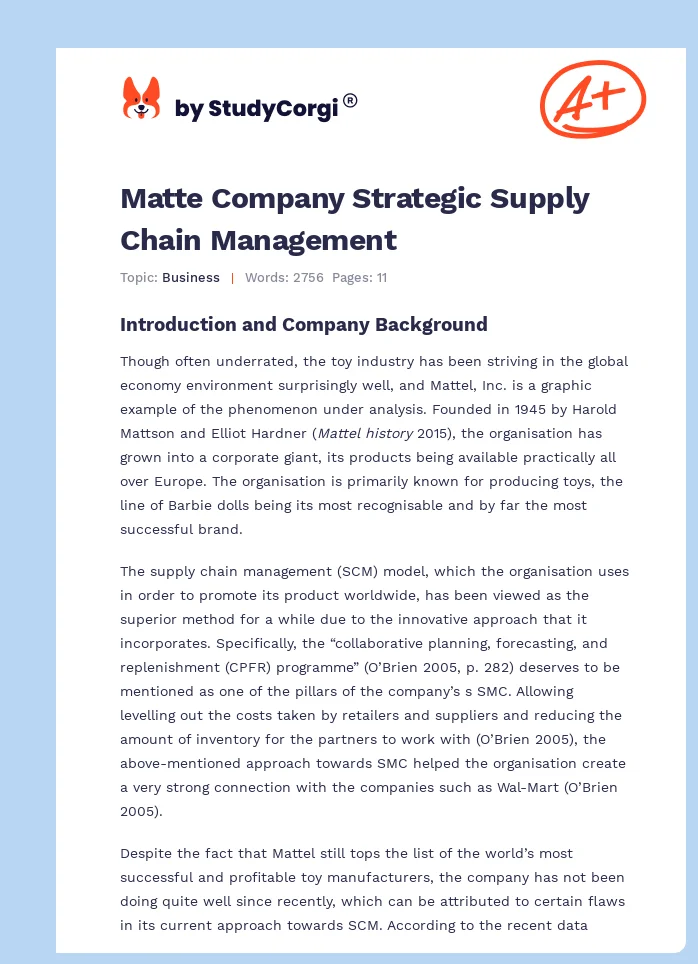Matte Company Strategic Supply Chain Management. Page 1