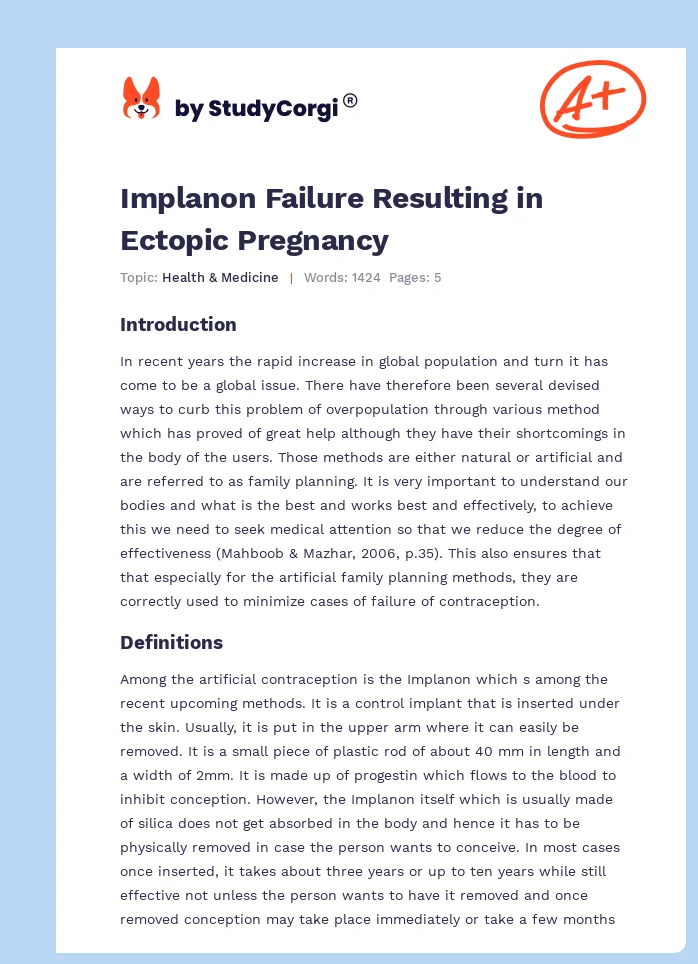 Implanon Failure Resulting in Ectopic Pregnancy | Free Essay Example