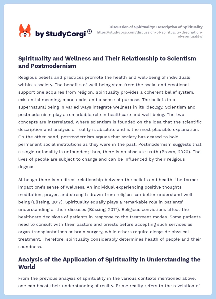 Discussion of Spirituality: Description of Spirituality. Page 2