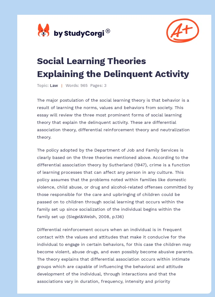 Social Learning Theories Explaining the Delinquent Activity. Page 1