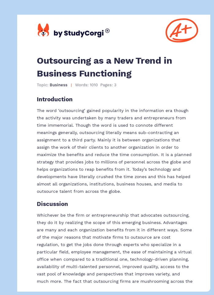 Outsourcing as a New Trend in Business Functioning. Page 1