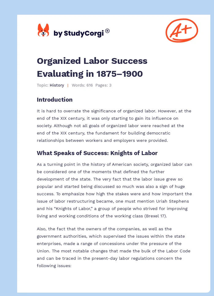 Organized Labor Success Evaluating in 1875–1900. Page 1