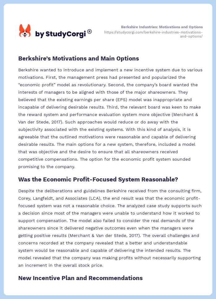 Berkshire Industries: Motivations and Options. Page 2