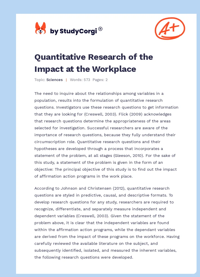 Quantitative Research of the Impact at the Workplace. Page 1