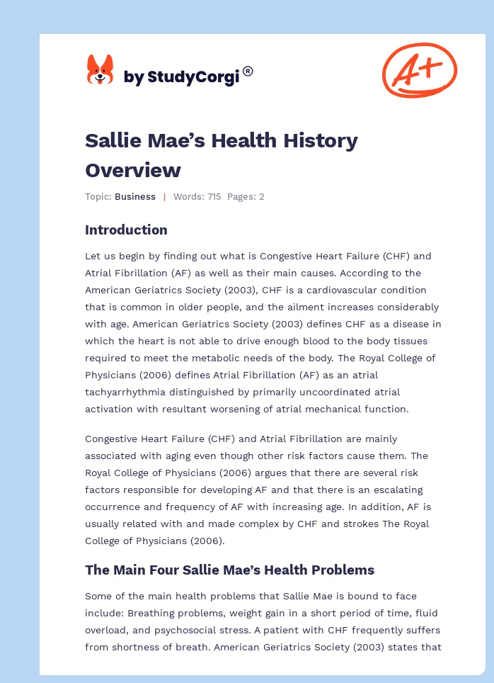 Sallie Mae’s Health History Overview. Page 1