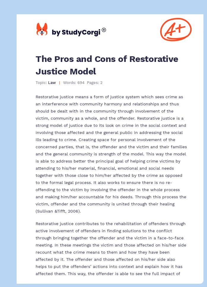 The Pros and Cons of Restorative Justice Model. Page 1