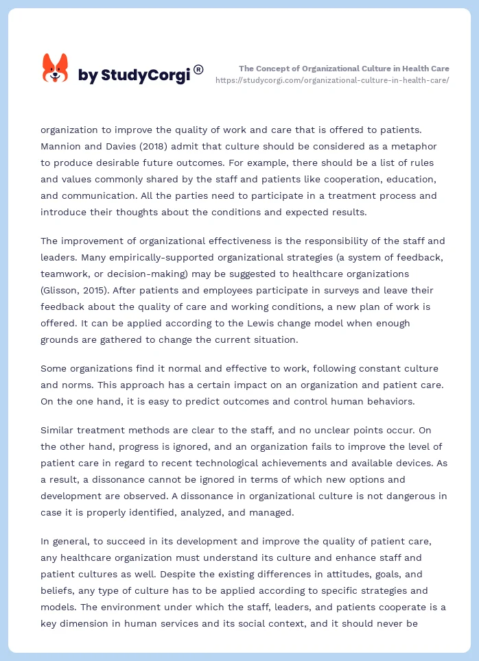 The Concept of Organizational Culture in Health Care. Page 2