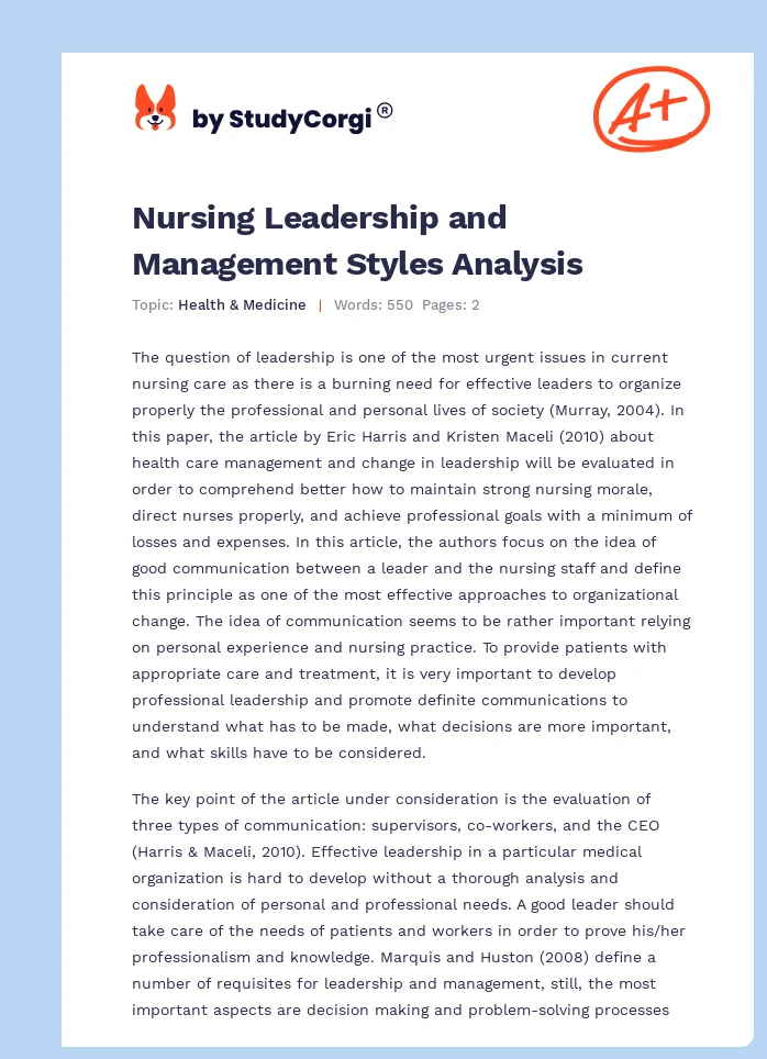 Nursing Leadership and Management Styles Analysis. Page 1