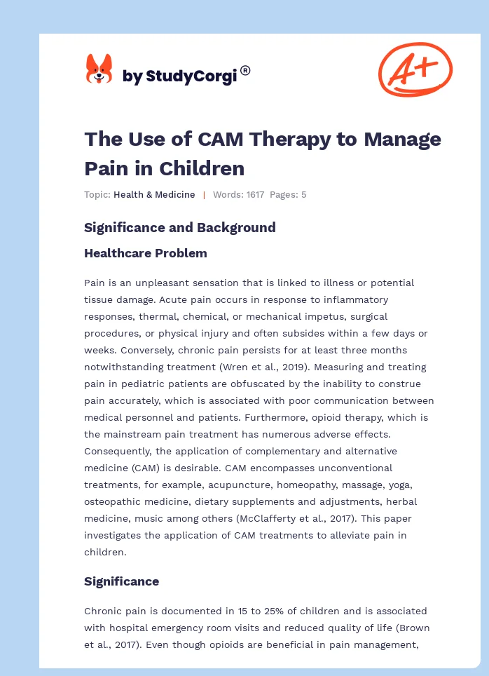 The Use of CAM Therapy to Manage Pain in Children. Page 1