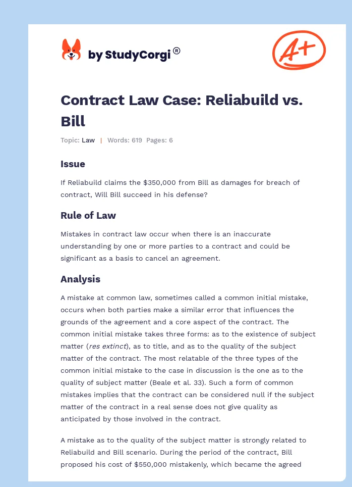 Contract Law Case: Reliabuild vs. Bill. Page 1