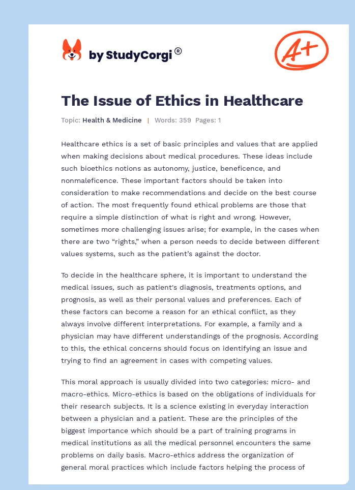 The Issue of Ethics in Healthcare. Page 1