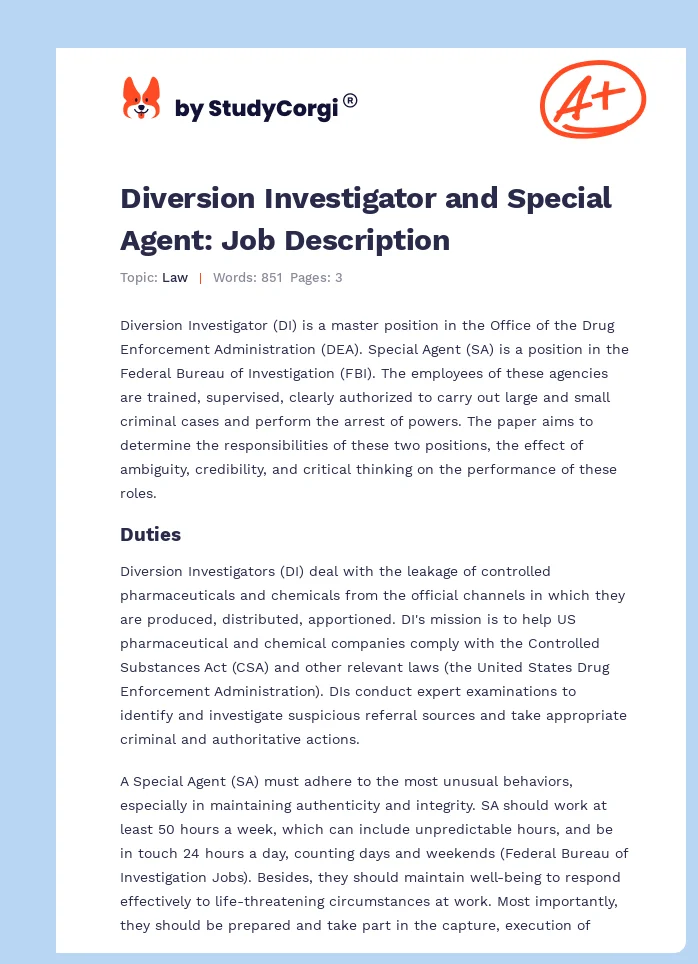 Diversion Investigator and Special Agent: Job Description. Page 1