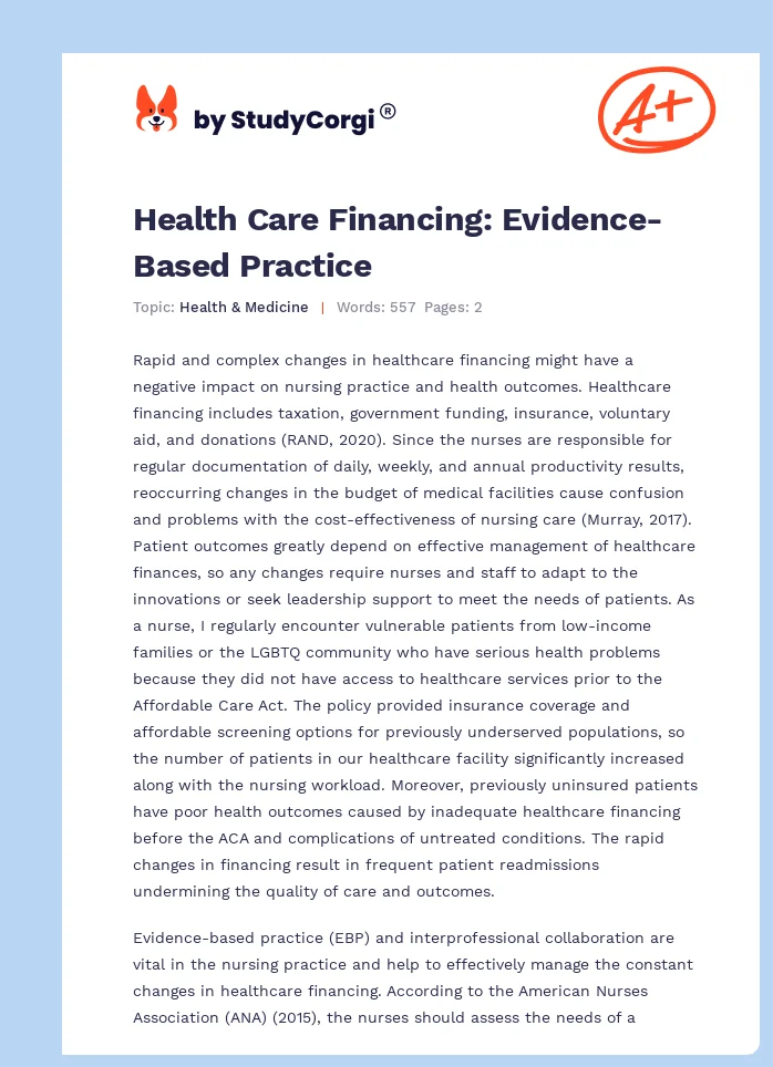 Health Care Financing: Evidence-Based Practice. Page 1