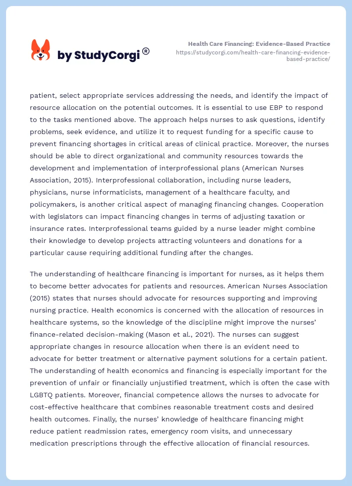 Health Care Financing: Evidence-Based Practice. Page 2