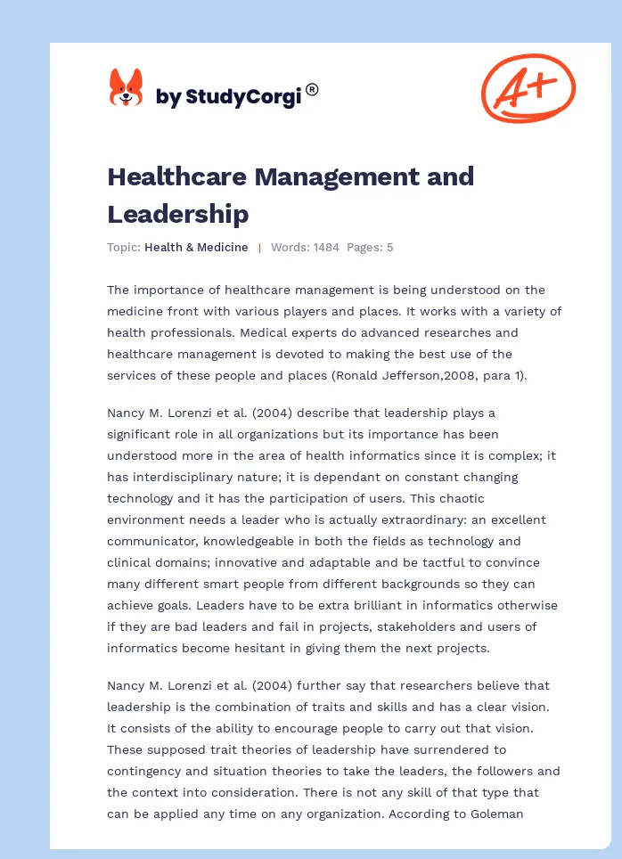 Healthcare Management and Leadership. Page 1
