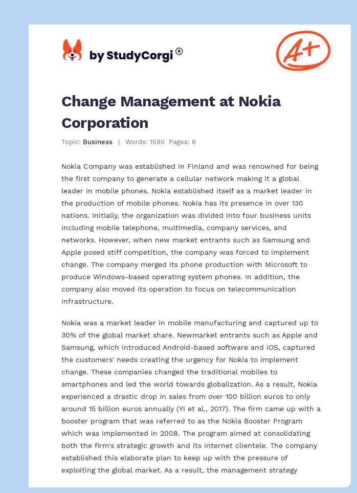 Change Management at Nokia Corporation. Page 1